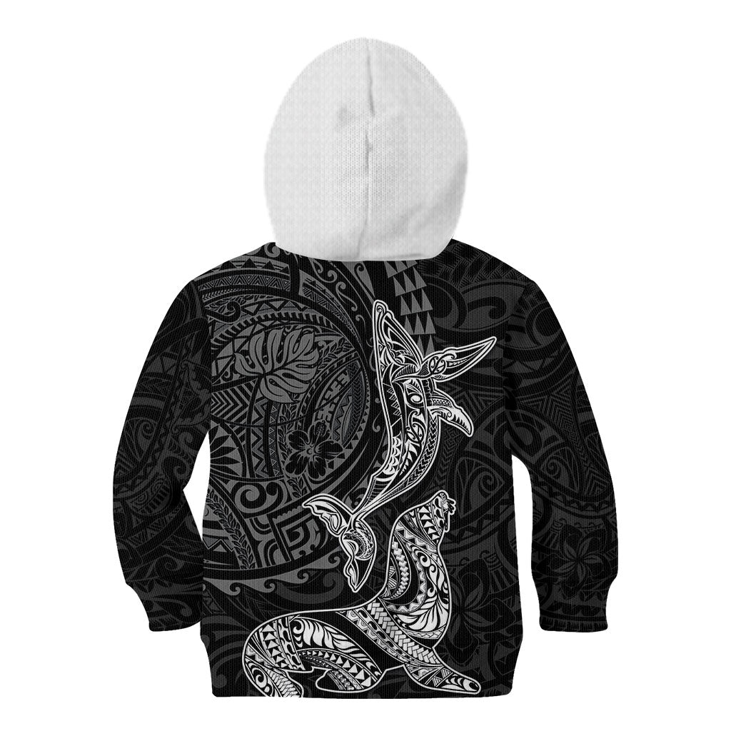 Hawaiian Monk Seal and Whale Kid Hoodie Kakau Tribal Pattern Grayscale