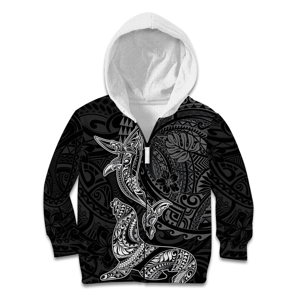 Hawaiian Monk Seal and Whale Kid Hoodie Kakau Tribal Pattern Grayscale