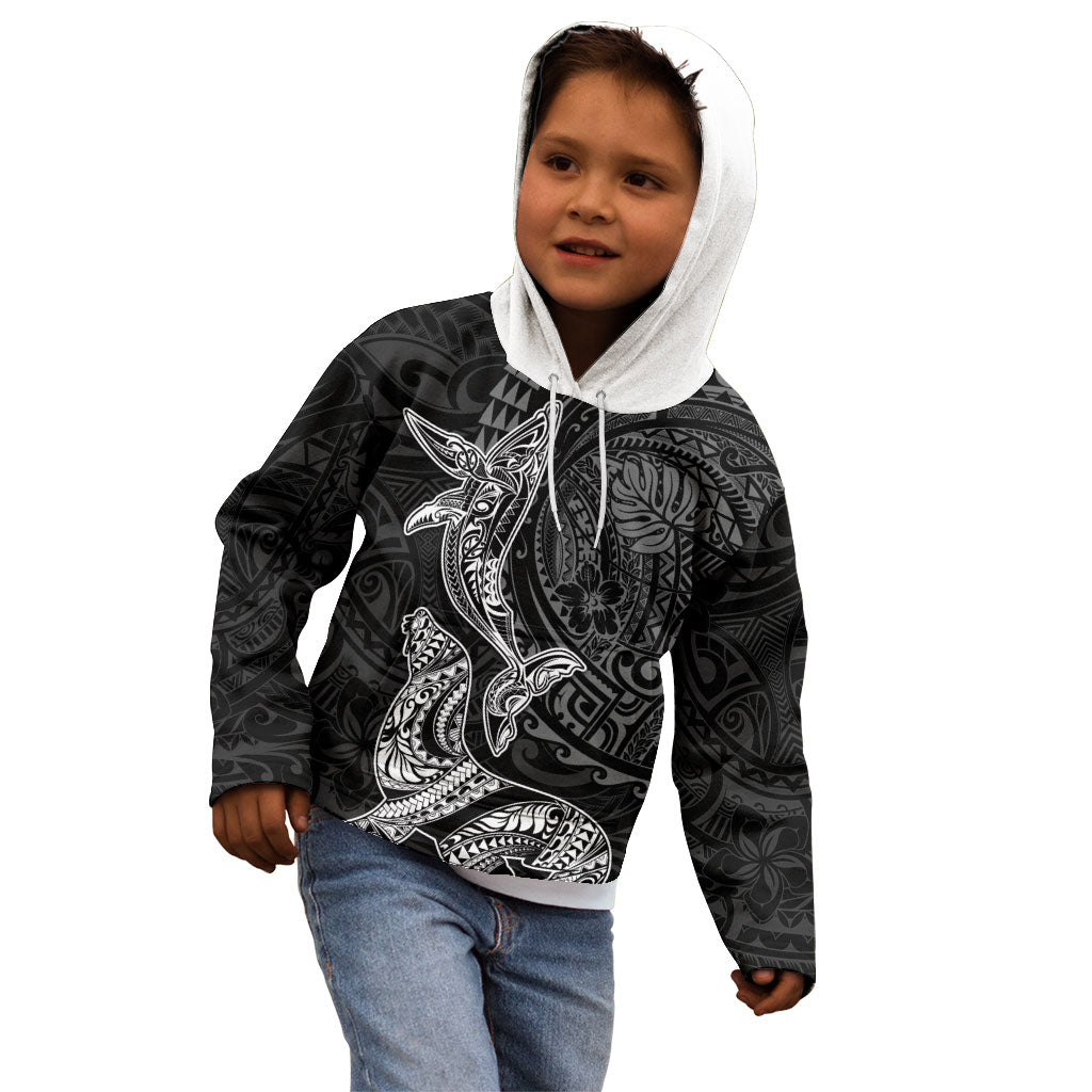 Hawaiian Monk Seal and Whale Kid Hoodie Kakau Tribal Pattern Grayscale