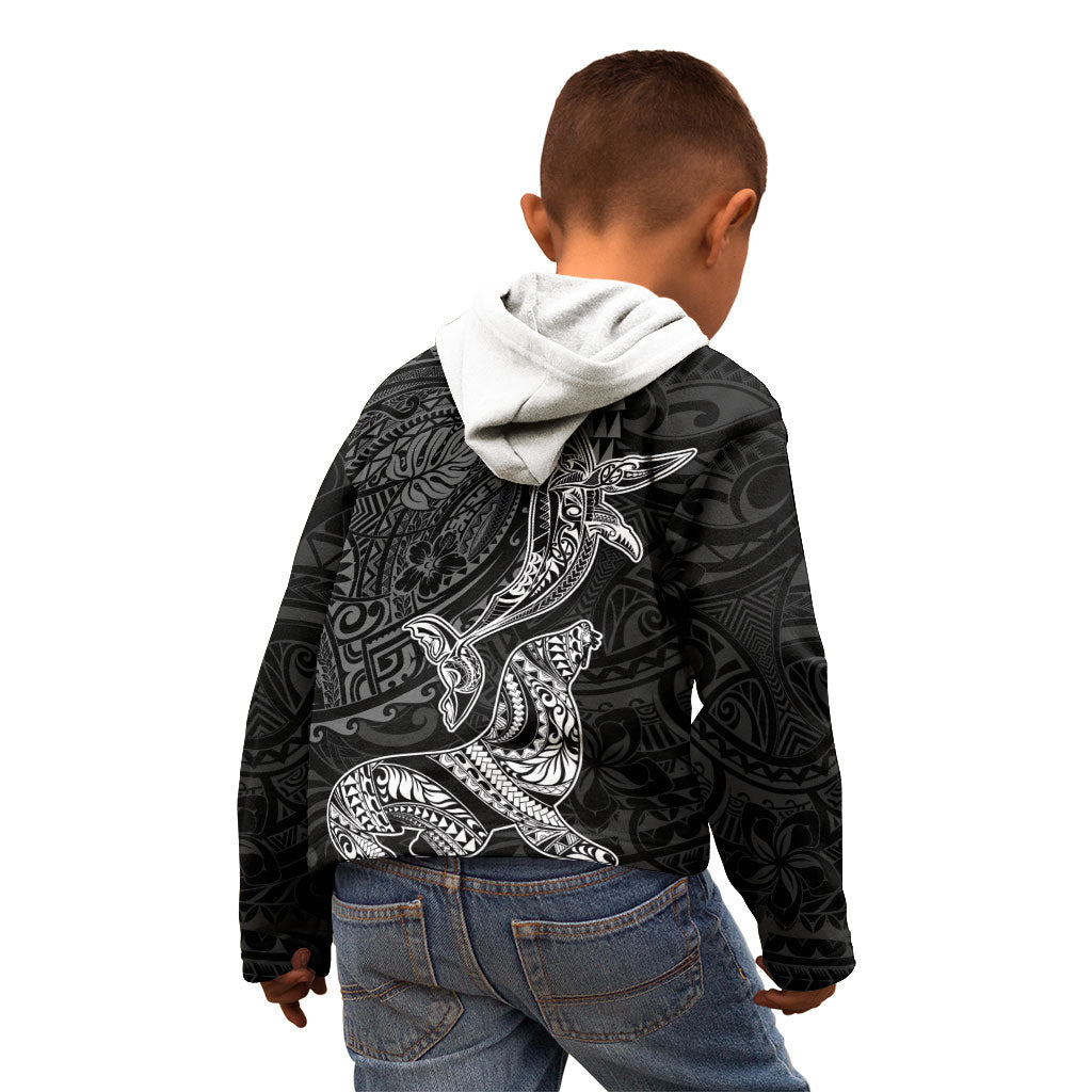 Hawaiian Monk Seal and Whale Kid Hoodie Kakau Tribal Pattern Grayscale
