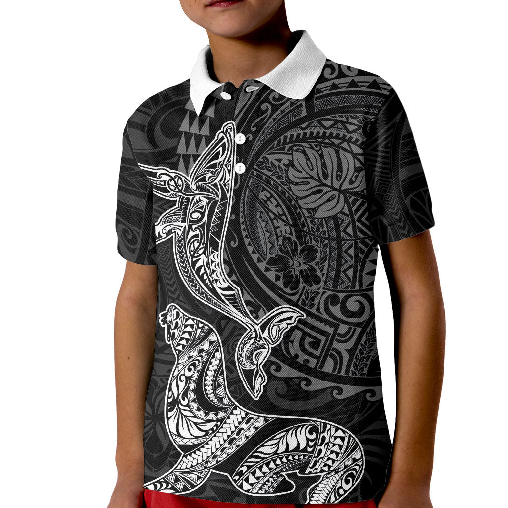 Hawaiian Monk Seal and Whale Kid Polo Shirt Kakau Tribal Pattern Grayscale LT03 Kid Black - Polynesian Pride