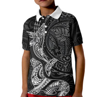 Hawaiian Monk Seal and Whale Kid Polo Shirt Kakau Tribal Pattern Grayscale LT03 Kid Black - Polynesian Pride