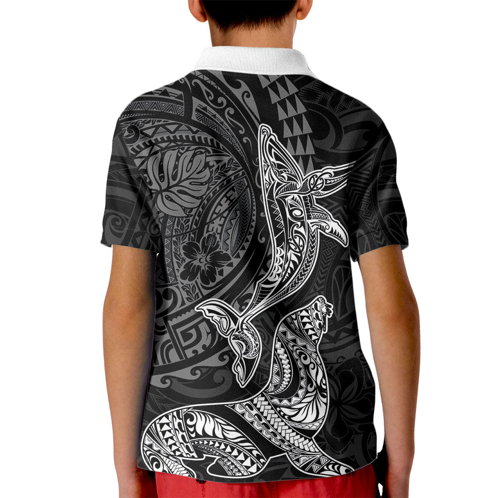 Hawaiian Monk Seal and Whale Kid Polo Shirt Kakau Tribal Pattern Grayscale LT03 - Polynesian Pride