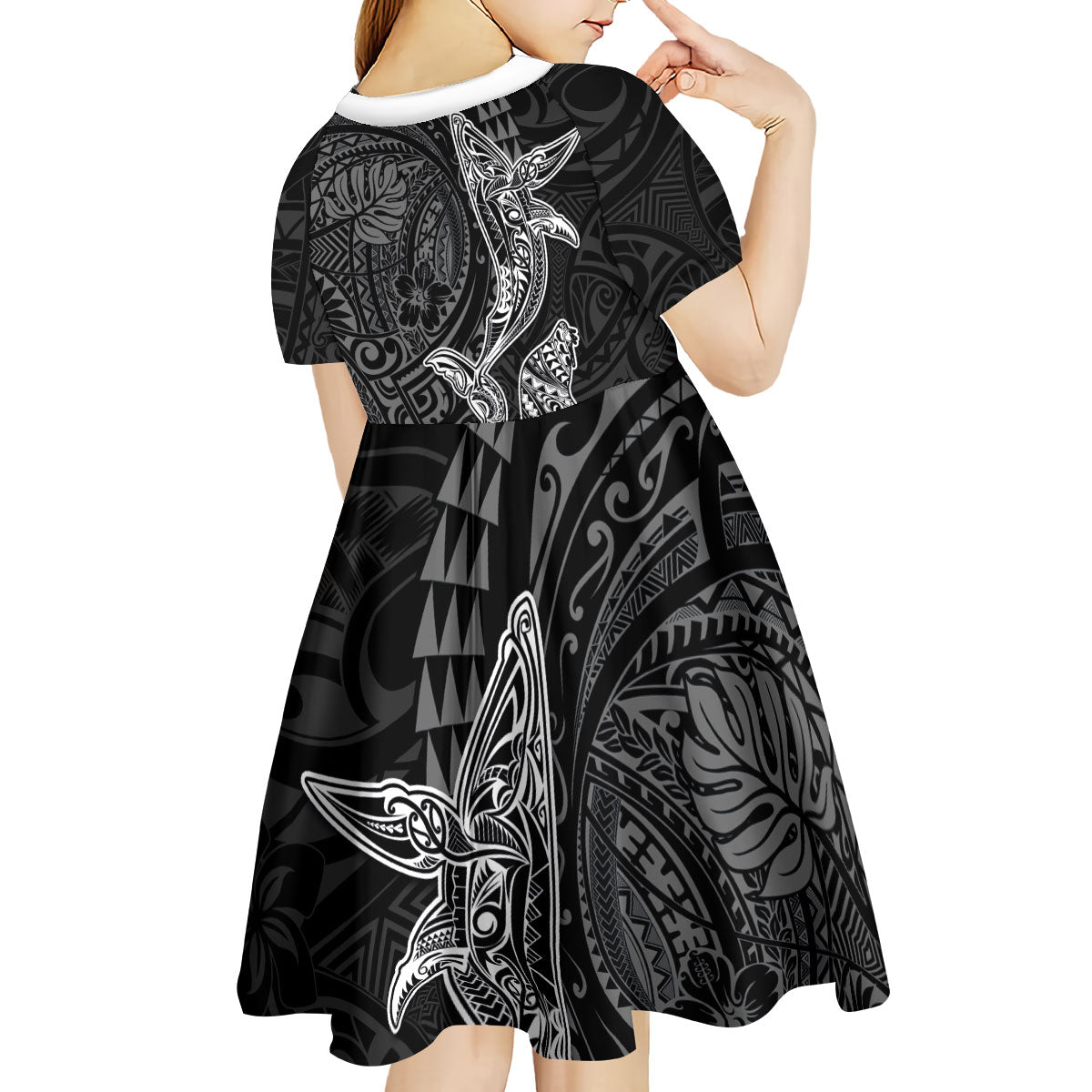Hawaiian Monk Seal and Whale Kid Short Sleeve Dress Kakau Tribal Pattern Grayscale LT03 - Polynesian Pride