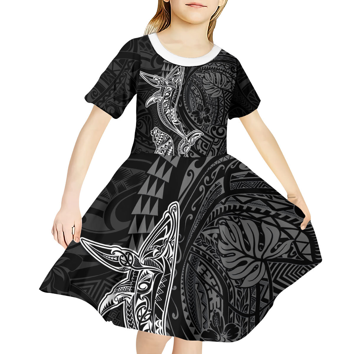 Hawaiian Monk Seal and Whale Kid Short Sleeve Dress Kakau Tribal Pattern Grayscale LT03 - Polynesian Pride