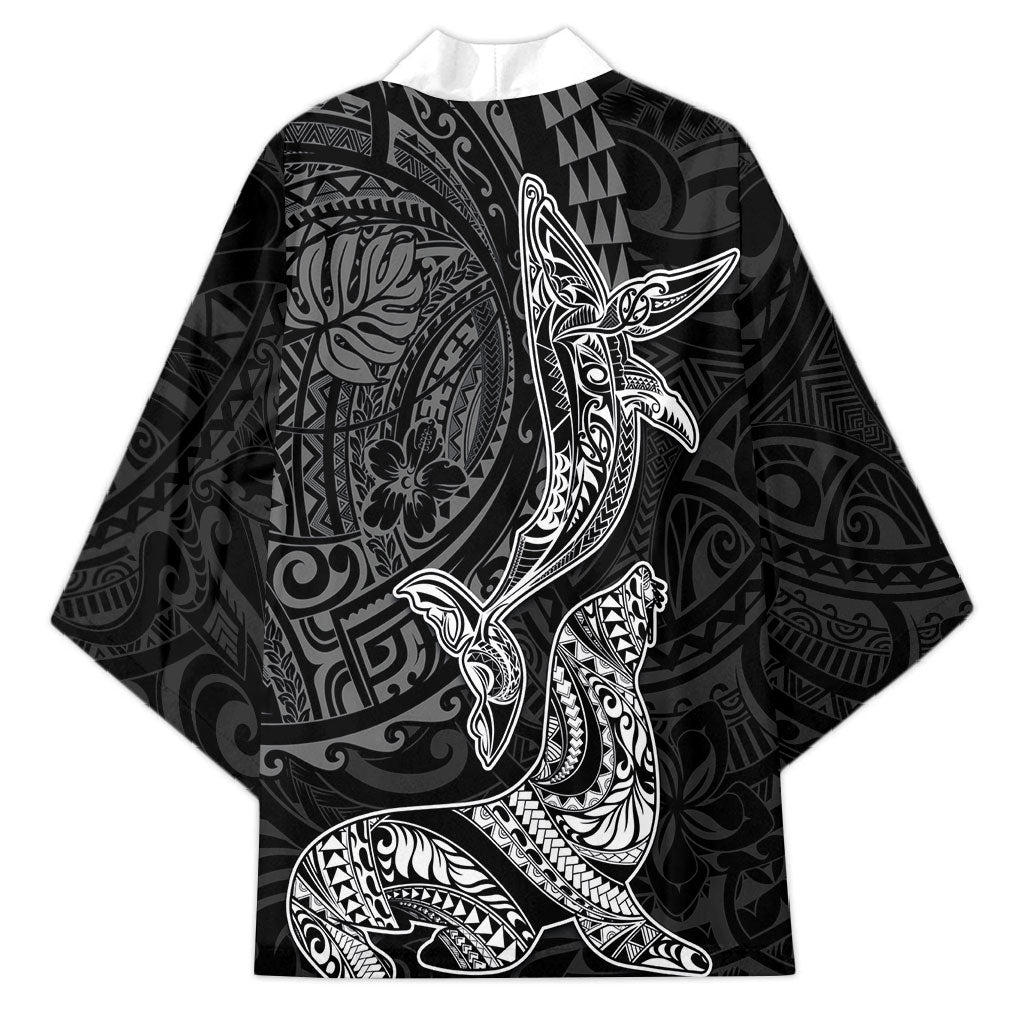 Hawaiian Monk Seal and Whale Kimono Kakau Tribal Pattern Grayscale LT03 - Polynesian Pride