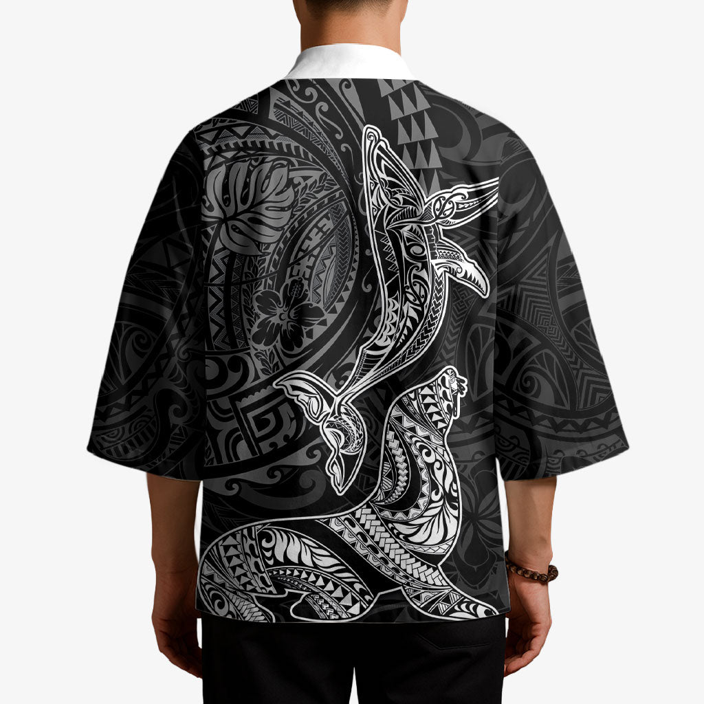 Hawaiian Monk Seal and Whale Kimono Kakau Tribal Pattern Grayscale LT03 - Polynesian Pride