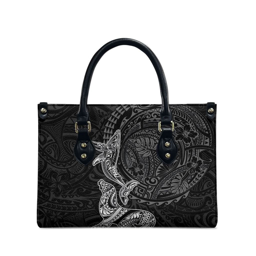 Hawaiian Monk Seal and Whale Leather Bag Kakau Tribal Pattern Grayscale LT03 - Polynesian Pride