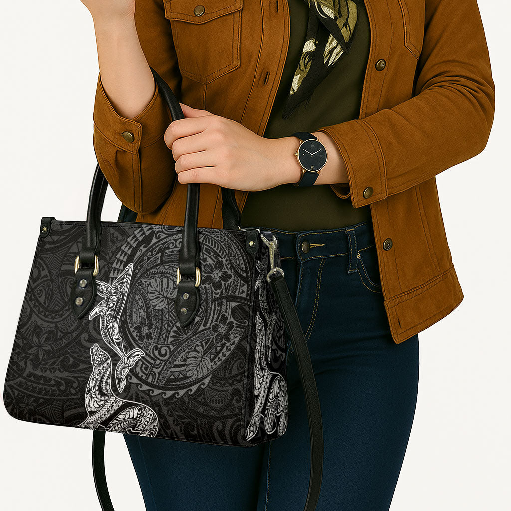 Hawaiian Monk Seal and Whale Leather Bag Kakau Tribal Pattern Grayscale LT03 - Polynesian Pride