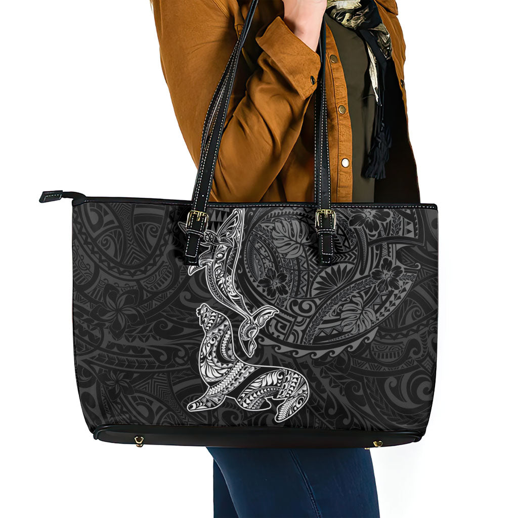 Hawaiian Monk Seal and Whale Leather Tote Bag Kakau Tribal Pattern Grayscale
