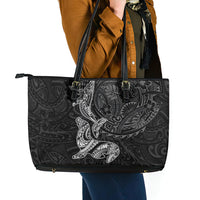 Hawaiian Monk Seal and Whale Leather Tote Bag Kakau Tribal Pattern Grayscale