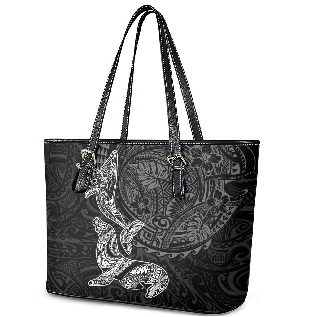 Hawaiian Monk Seal and Whale Leather Tote Bag Kakau Tribal Pattern Grayscale