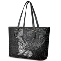 Hawaiian Monk Seal and Whale Leather Tote Bag Kakau Tribal Pattern Grayscale
