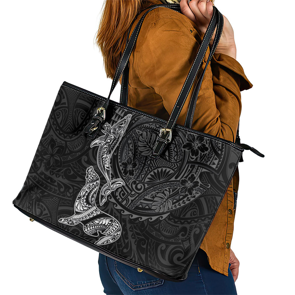 Hawaiian Monk Seal and Whale Leather Tote Bag Kakau Tribal Pattern Grayscale