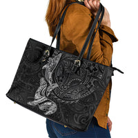 Hawaiian Monk Seal and Whale Leather Tote Bag Kakau Tribal Pattern Grayscale