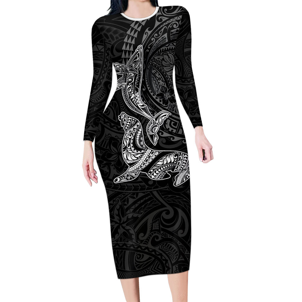 Hawaiian Monk Seal and Whale Long Sleeve Bodycon Dress Kakau Tribal Pattern Grayscale LT03 Long Dress Black - Polynesian Pride