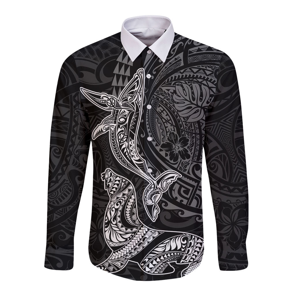 Hawaiian Monk Seal and Whale Long Sleeve Button Shirt Kakau Tribal Pattern Grayscale