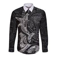Hawaiian Monk Seal and Whale Long Sleeve Button Shirt Kakau Tribal Pattern Grayscale