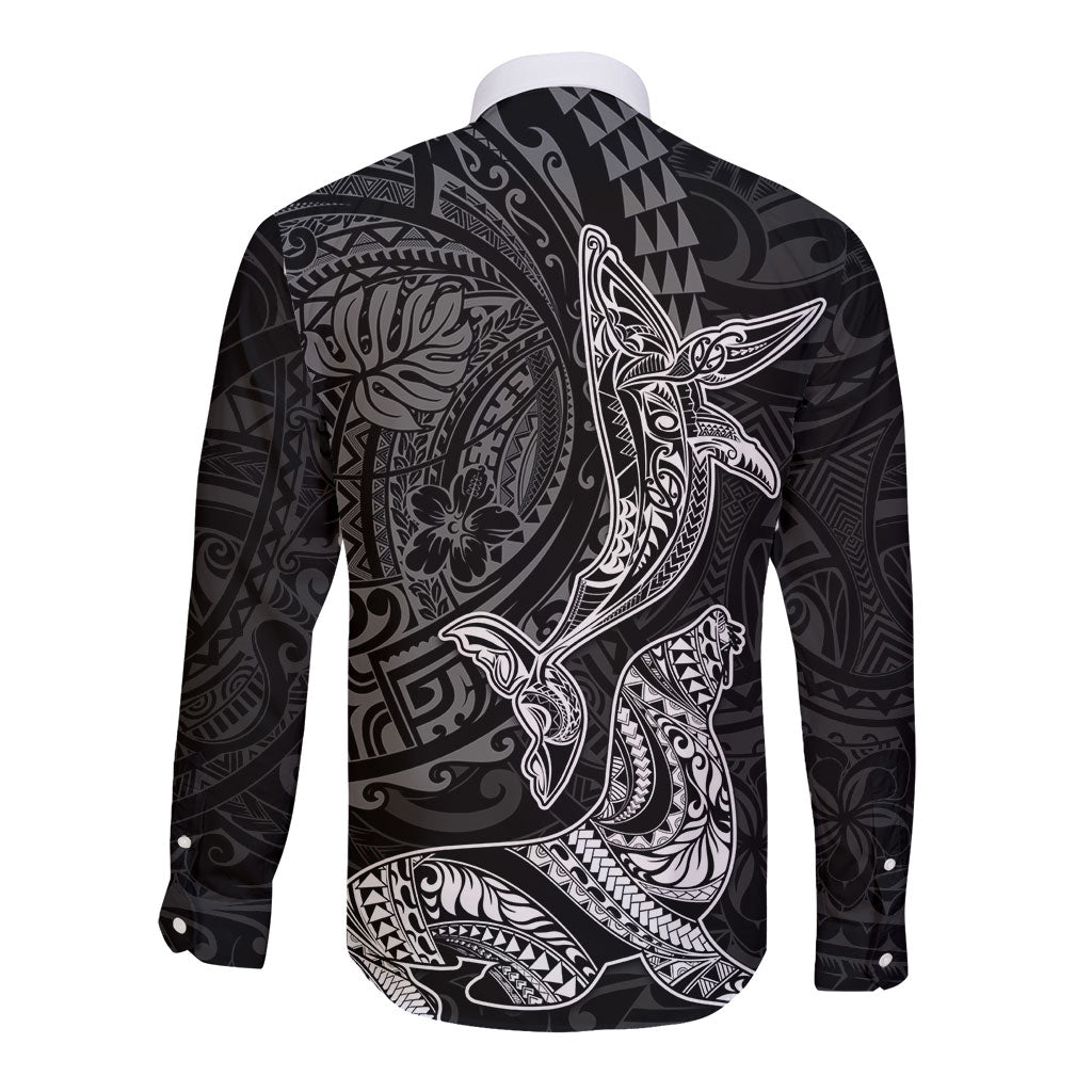 Hawaiian Monk Seal and Whale Long Sleeve Button Shirt Kakau Tribal Pattern Grayscale