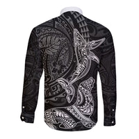Hawaiian Monk Seal and Whale Long Sleeve Button Shirt Kakau Tribal Pattern Grayscale