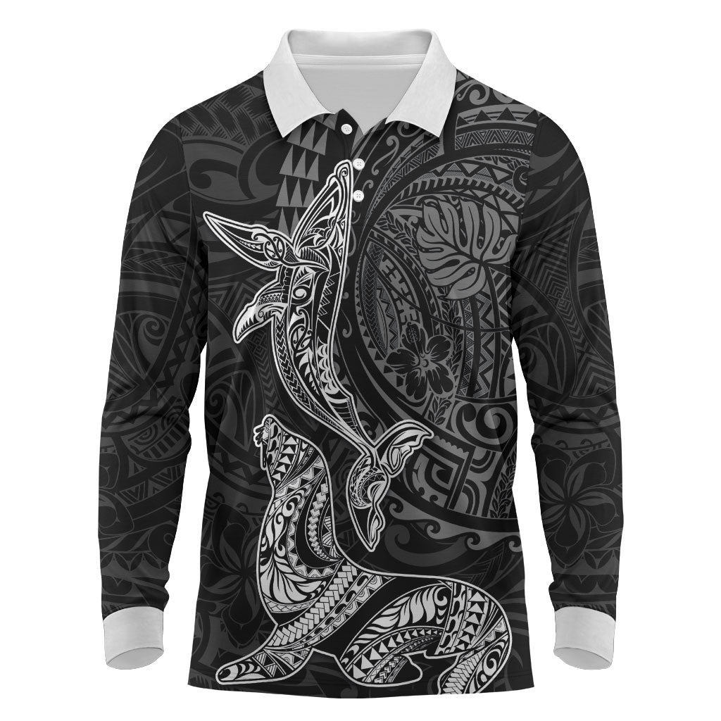 Hawaiian Monk Seal and Whale Long Sleeve Polo Shirt Kakau Tribal Pattern Grayscale LT03 Black - Polynesian Pride
