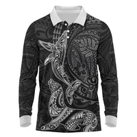 Hawaiian Monk Seal and Whale Long Sleeve Polo Shirt Kakau Tribal Pattern Grayscale LT03 Black - Polynesian Pride
