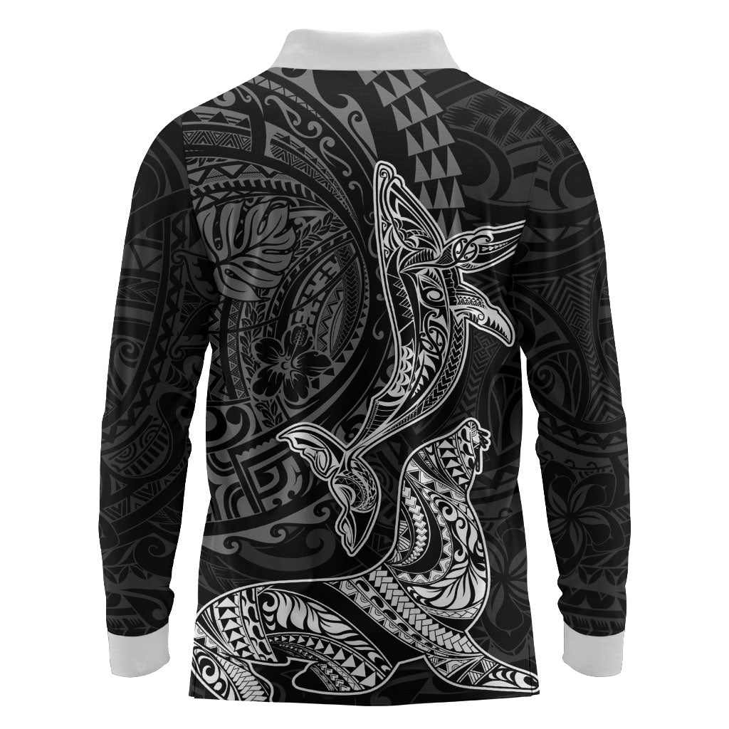 Hawaiian Monk Seal and Whale Long Sleeve Polo Shirt Kakau Tribal Pattern Grayscale LT03 - Polynesian Pride