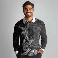 Hawaiian Monk Seal and Whale Long Sleeve Polo Shirt Kakau Tribal Pattern Grayscale LT03 - Polynesian Pride