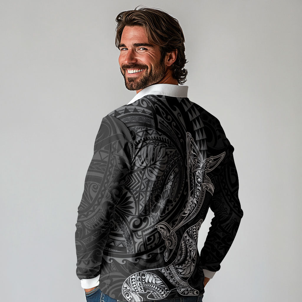 Hawaiian Monk Seal and Whale Long Sleeve Polo Shirt Kakau Tribal Pattern Grayscale LT03 - Polynesian Pride