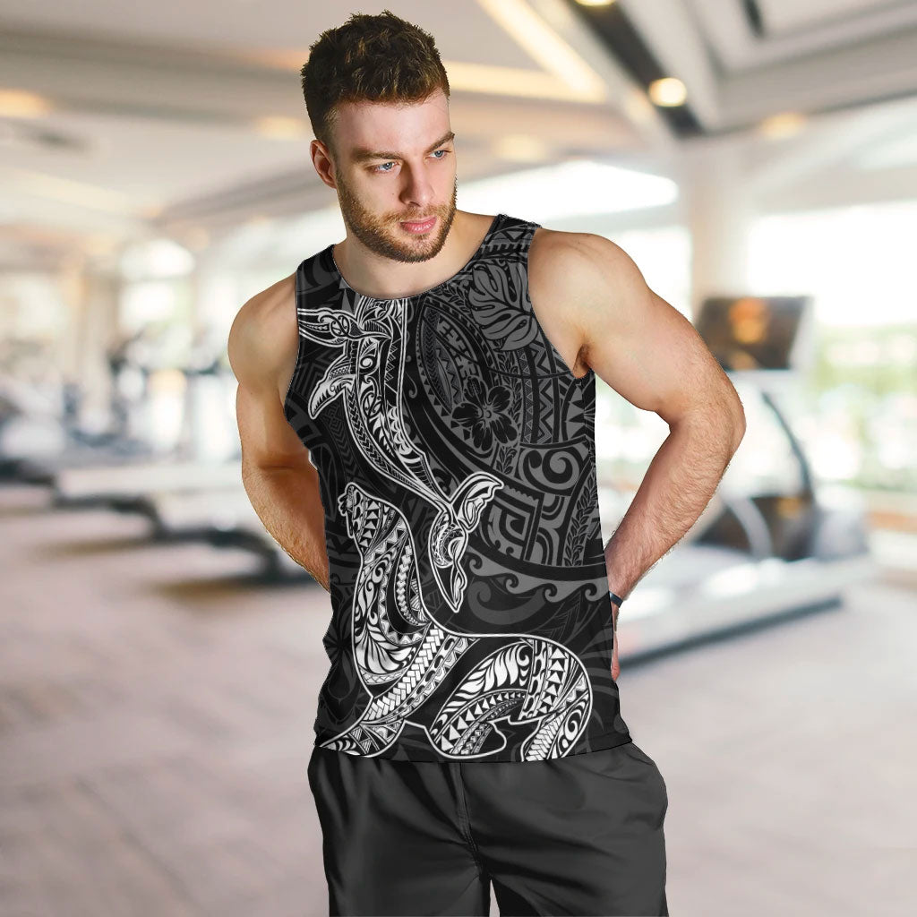 Hawaiian Monk Seal and Whale Men Tank Top Kakau Tribal Pattern Grayscale LT03 Black - Polynesian Pride