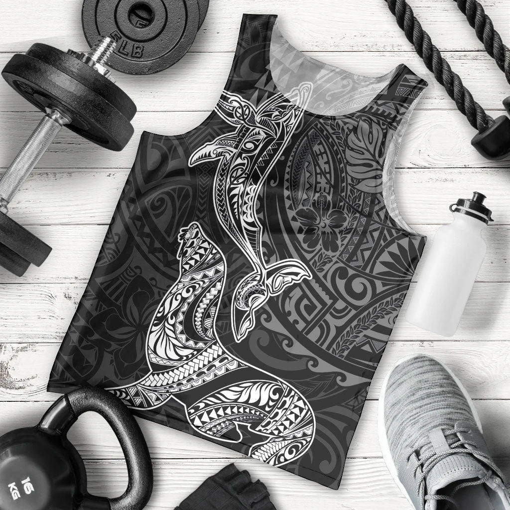 Hawaiian Monk Seal and Whale Men Tank Top Kakau Tribal Pattern Grayscale LT03 - Polynesian Pride