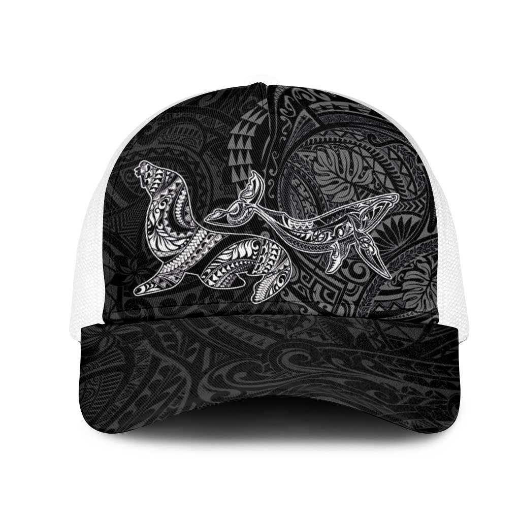 Hawaiian Monk Seal and Whale Mesh Trucker Cap Kakau Tribal Pattern Grayscale LT03 One Size White Black - Polynesian Pride