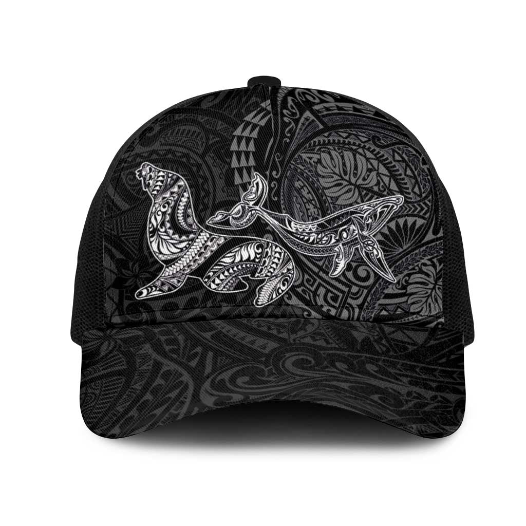 Hawaiian Monk Seal and Whale Mesh Trucker Cap Kakau Tribal Pattern Grayscale LT03 One Size Black Black - Polynesian Pride