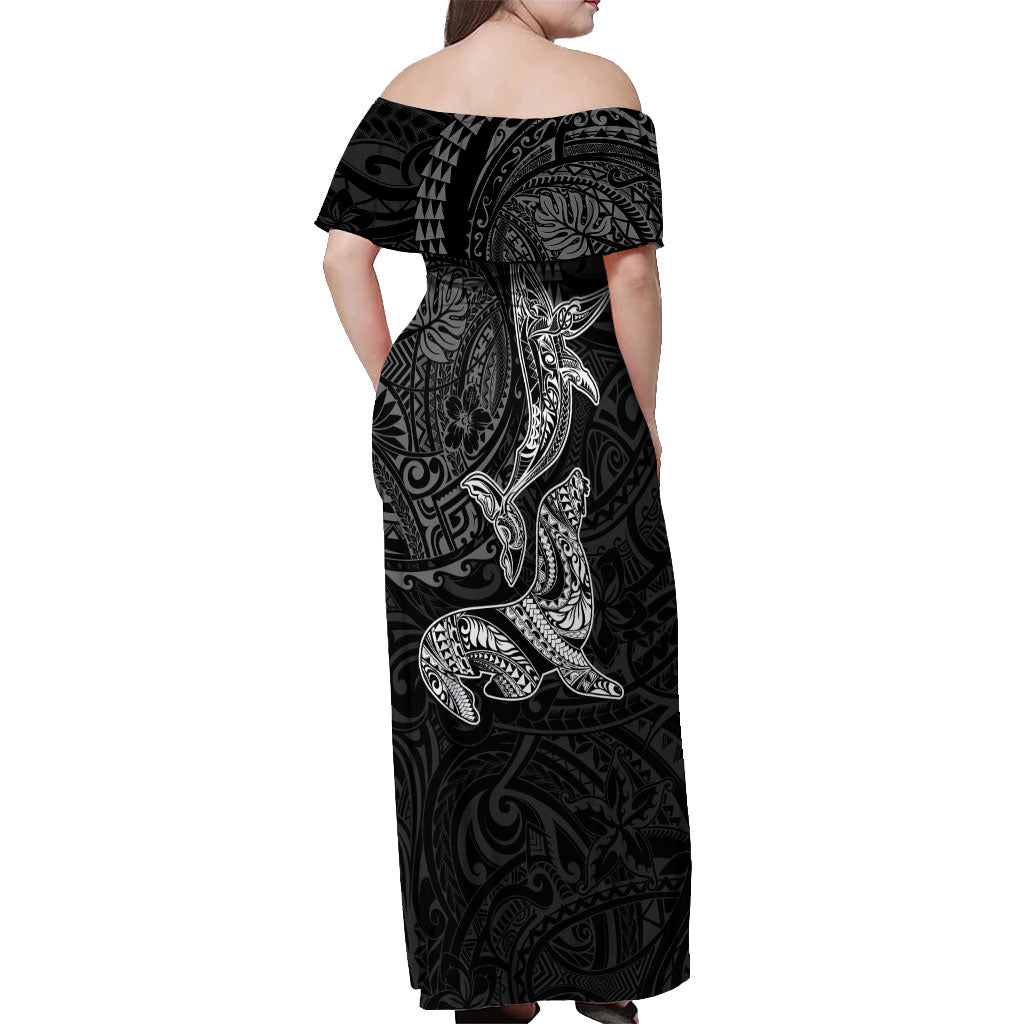 Hawaiian Monk Seal and Whale Off Shoulder Maxi Dress Kakau Tribal Pattern Grayscale LT03 - Polynesian Pride