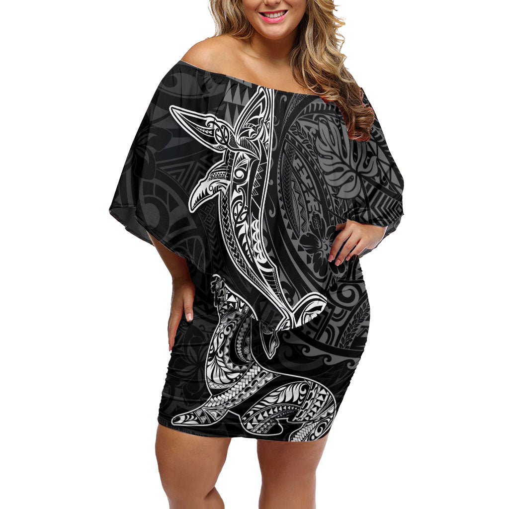 Hawaiian Monk Seal and Whale Off Shoulder Short Dress Kakau Tribal Pattern Grayscale LT03 Women Black - Polynesian Pride