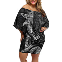 Hawaiian Monk Seal and Whale Off Shoulder Short Dress Kakau Tribal Pattern Grayscale LT03 Women Black - Polynesian Pride