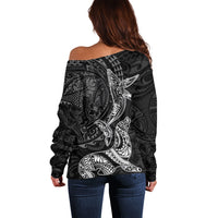 Hawaiian Monk Seal and Whale Off Shoulder Sweater Kakau Tribal Pattern Grayscale LT03 - Polynesian Pride