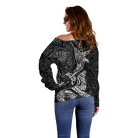 Hawaiian Monk Seal and Whale Off Shoulder Sweater Kakau Tribal Pattern Grayscale LT03 - Polynesian Pride