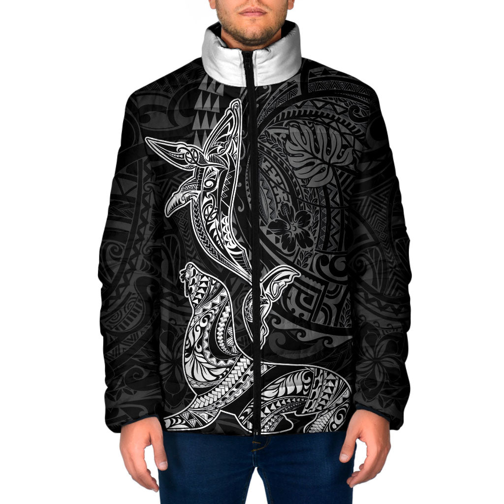Hawaiian Monk Seal and Whale Padded Jacket Kakau Tribal Pattern Grayscale LT03 Men Black - Polynesian Pride