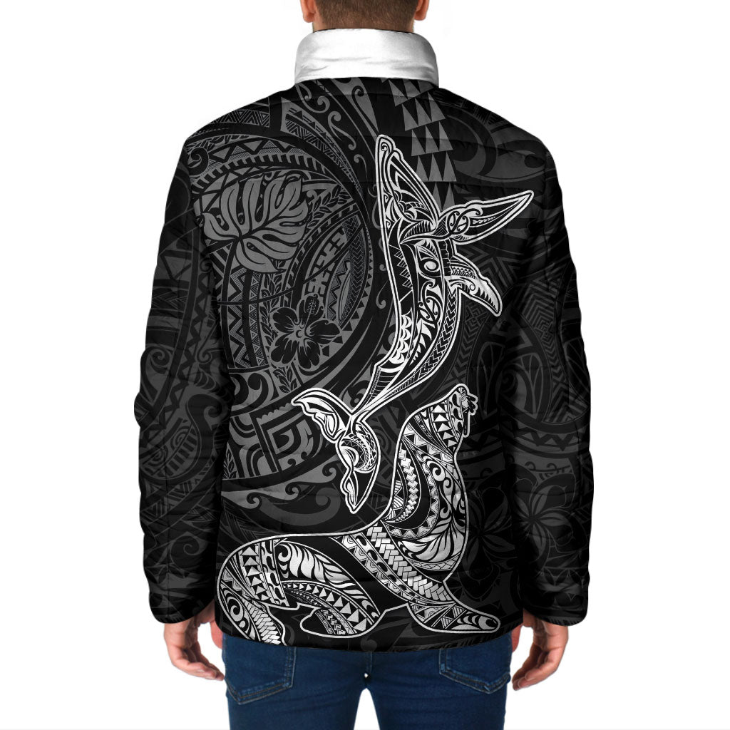 Hawaiian Monk Seal and Whale Padded Jacket Kakau Tribal Pattern Grayscale LT03 - Polynesian Pride