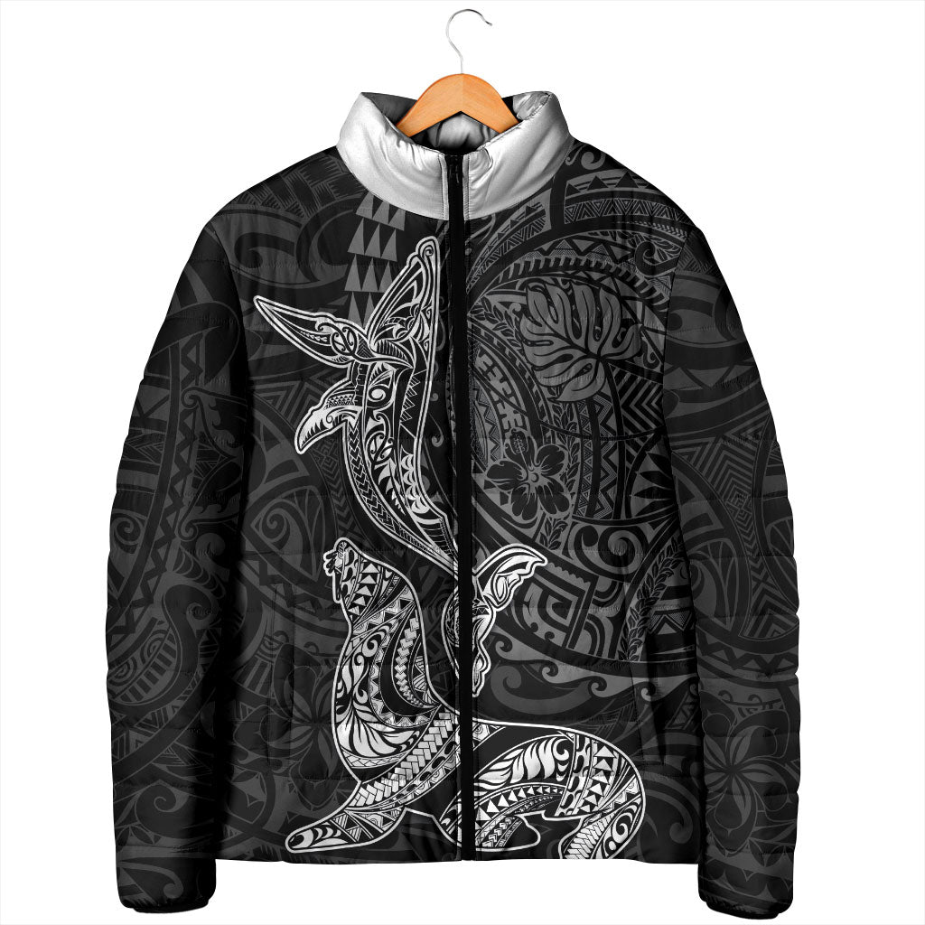 Hawaiian Monk Seal and Whale Padded Jacket Kakau Tribal Pattern Grayscale LT03 - Polynesian Pride