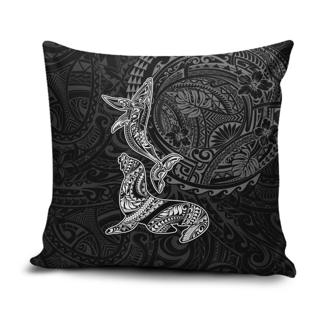 Hawaiian Monk Seal and Whale Pillow Cover Kakau Tribal Pattern Grayscale LT03 Black - Polynesian Pride