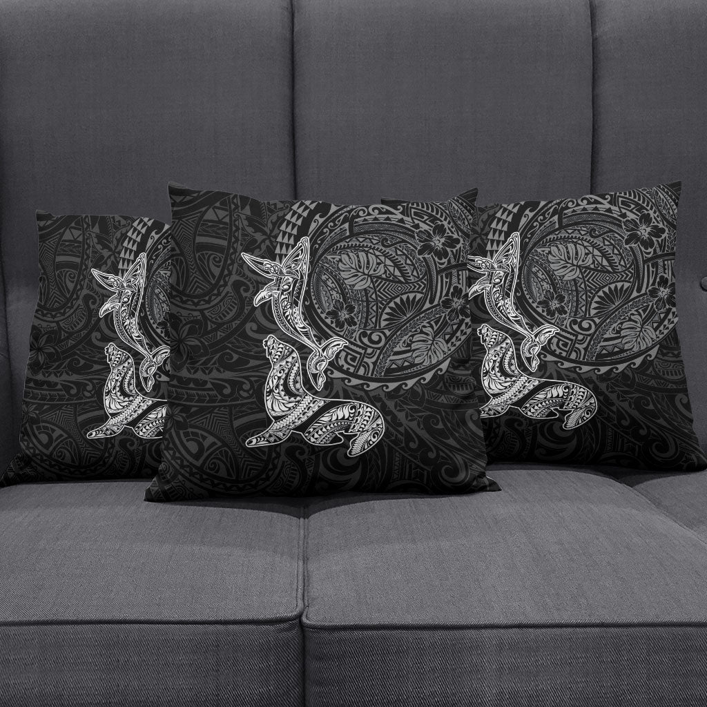Hawaiian Monk Seal and Whale Pillow Cover Kakau Tribal Pattern Grayscale LT03 - Polynesian Pride