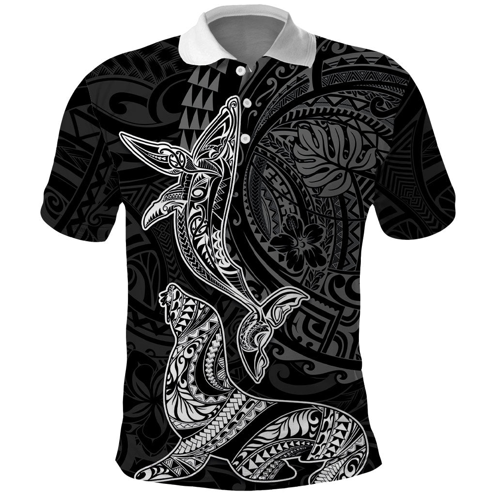 Hawaiian Monk Seal and Whale Polo Shirt Kakau Tribal Pattern Grayscale LT03 Black - Polynesian Pride