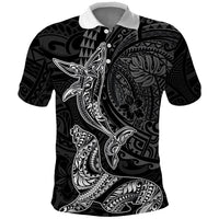 Hawaiian Monk Seal and Whale Polo Shirt Kakau Tribal Pattern Grayscale LT03 Black - Polynesian Pride