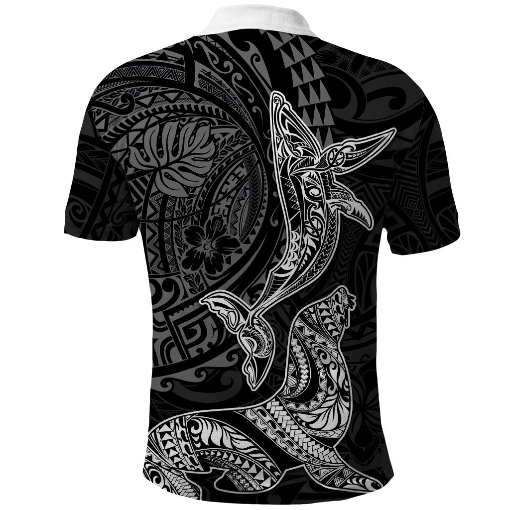 Hawaiian Monk Seal and Whale Polo Shirt Kakau Tribal Pattern Grayscale LT03 - Polynesian Pride