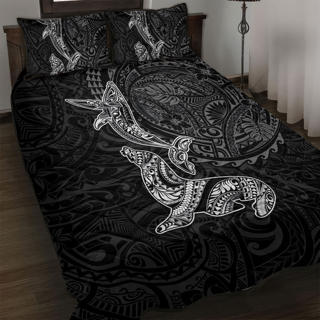 Hawaiian Monk Seal and Whale Quilt Bed Set Kakau Tribal Pattern Grayscale LT03 Black - Polynesian Pride