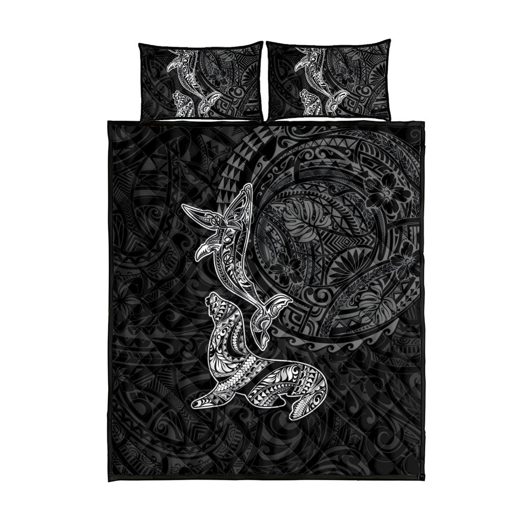 Hawaiian Monk Seal and Whale Quilt Bed Set Kakau Tribal Pattern Grayscale LT03 - Polynesian Pride