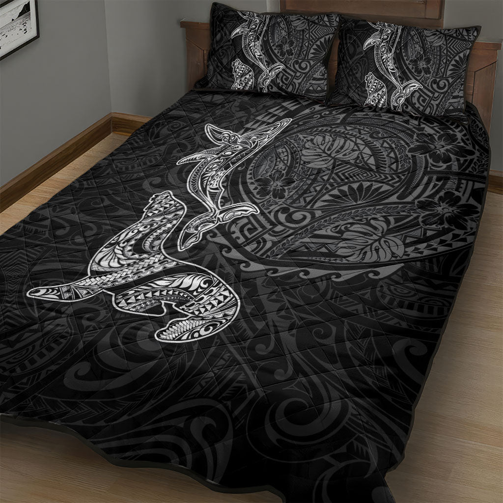 Hawaiian Monk Seal and Whale Quilt Bed Set Kakau Tribal Pattern Grayscale LT03 - Polynesian Pride