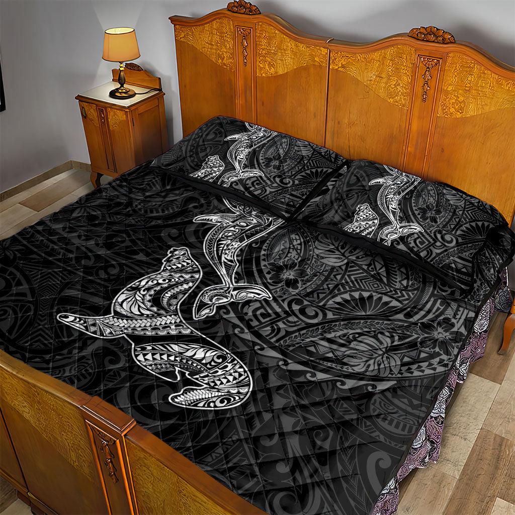 Hawaiian Monk Seal and Whale Quilt Bed Set Kakau Tribal Pattern Grayscale LT03 - Polynesian Pride